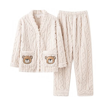 Pijama Mujer, Elegante Conjunto De Pijamas De Franela Oso Creativo Pantalones De Manga Larga Suave Y Cálido Jacquard Ropa De Dormir Otoño Invierno Con