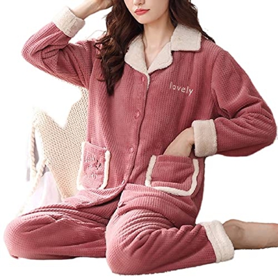 Pijama Mujer, Elegante Conjunto De Pijamas De Franela Creativos Pantalones De Rebeca Rosa Oscuro Ropa De Dormir Suave Y Cálida Otoño Invierno Conjunto