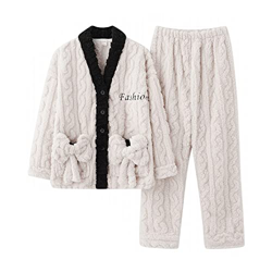 Pijama Mujer, Conjunto De Pijama De Franela Elegante Pajarita Creativa Jacquard Blanco Pantalones De Manga Larga Ropa De Dormir Suave Y Cálida Otoño I en oferta