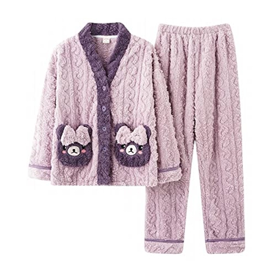 Pijama Mujer Verano, Conjunto De Pijamas De Franela Elegante Oso De Dibujos Animados Creativos Pantalones De Manga Larga Púrpura Ropa De Dormir Suave 