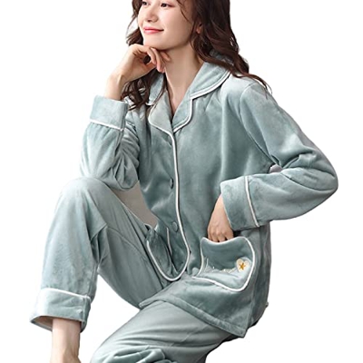 Pijama Mujer Sexy, Elegante Conjunto De Pijamas De Franela Novedad Pantalones De Rebeca Verde Claro Ropa De Dormir Suave Y Cálida Otoño Invierno Conju