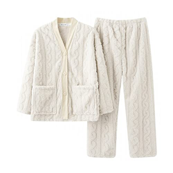 Pijama Mujer, Elegante Pijama De Franela Conjunto Creativo Jacquard Blanco Pantalones De Manga Larga Ropa De Dormir Suave Y Cálida Otoño Invierno Conj precio