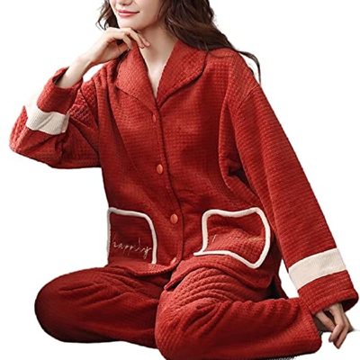 Pijama Mujer Verano, Elegante Conjunto De Pijamas De Franela Pantalones De Rebeca Rojos Creativos Ropa De Dormir Suave Y Cálida Color Sólido Otoño Inv