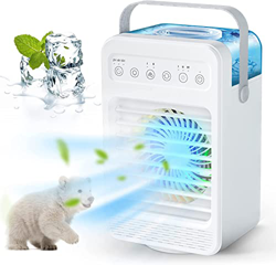 Aire Acondicionado Portátil 4 en 1 Ventilador Humidificador de Escritorio con 4 Velocidades 7 Colores y 2-8 Horas Temporizador Ventilador de Descarga  en oferta