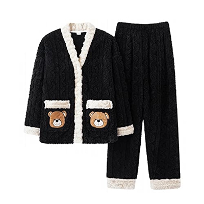 Pijama Mujer, Elegante Conjunto De Pijamas De Franela Oso Creativo Pantalones De Manga Larga Negros Ropa De Dormir De Jacquard Suave Y Cálida Otoño In