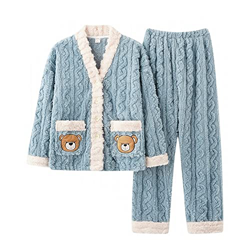 Pijama Mujer Verano, Elegante Conjunto De Pijamas De Franela Oso Creativo Azul Pantalones De Manga Larga Suave Cálido Jacquard Ropa De Dormir Otoño In precio