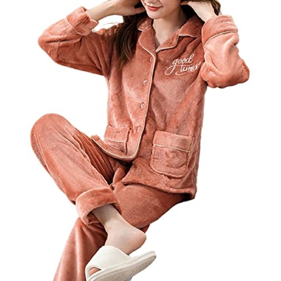 Pijama Mujer Verano, Elegante Invierno Cálido Pjs Conjunto Bordado De Letras Cárdigan Camisón Marrón Cómodo Conjunto De Pijamas De Lana Esponjosa Conj