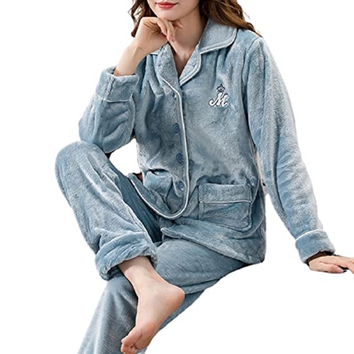 Pijama Mujer Sexy, Conjunto De Pijamas Cálidos De Invierno Elegante Bordado De Letras Cárdigan Camisón Azul Cómodo Pijama De Lana Esponjosa Conjunto D