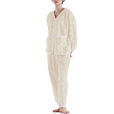 Pijama Mujer, Pijama De Lana Esponjosa para Mujer, Novedad, Pijama De Jacquard De Rayas Beige, Camisón De Algodón Cálido para Invierno, Conjuntos De R