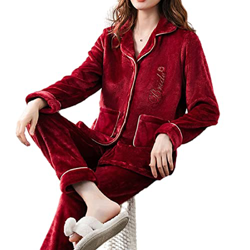 Pijama Mujer, Conjunto De Pijamas Cálidos De Invierno Elegante Carta Bordado Rebeca Camisón Borgoña Rojo Cómodo Conjunto De Pijamas De Lana Mullida Co en oferta