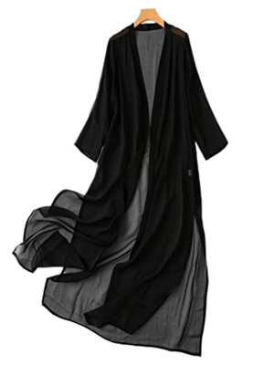 prettystern Mujer 100% Seda Vestido Largo Traje de Playa Kaftan Cover-up Sarong Cardigan Kimono Ropa Blusa XS/S Negro