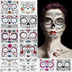 12 hojas Halloween Tatuajes Temporales de Cara, Halloween Mascarade Dia de los Muertos esqueleto Craneo Cara Complete Tatuajes de maquillaje para Muje características