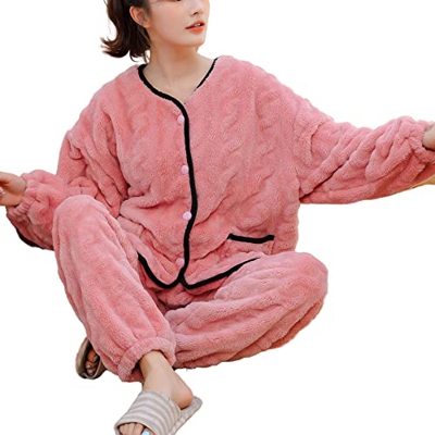 Pijama Mujer Sexy, Pijama De Lana Esponjosa para Mujer, Novedad, Pijama De Rebeca A Rayas, Rosa Oscuro, Invierno, Cálido, Camisón De Algodón, Conjunto