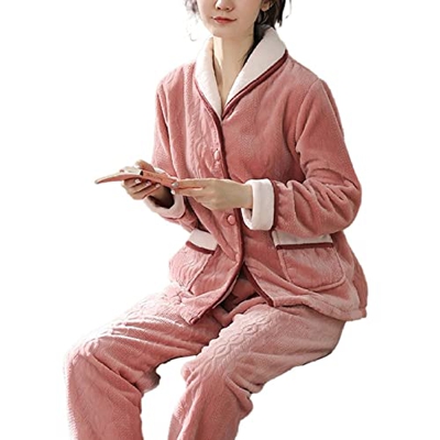 Pijama Mujer Verano, Conjunto De Pijamas De Lana Esponjosa Y Elegante para Mujer, Cárdigan De Color Sólido, Camisón, Rosa, Cómodo, Cálido, Conjunto De