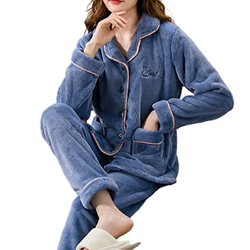 Pijama Mujer Verano, Invierno Cálido Pjs Conjunto Elegante Bordado Rebeca Camisón Azul Cómodo Conjunto De Pijamas De Lana Esponjosa Conjunto De Ropa D en oferta