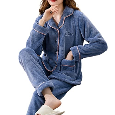 Pijama Mujer Verano, Invierno Cálido Pjs Conjunto Elegante Bordado Rebeca Camisón Azul Cómodo Conjunto De Pijamas De Lana Esponjosa Conjunto De Ropa D