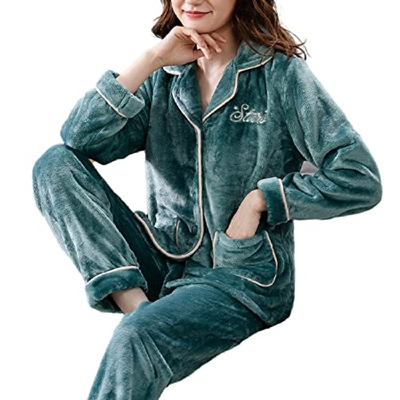 Pijama Mujer, Invierno Cálido Pjs Conjunto Elegante Bordado Rebeca Camisón Verde Cómodo Conjunto De Pijamas De Lana Esponjosa Conjunto De Ropa De Saló