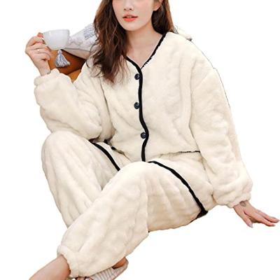 Pijama Mujer Verano, Pijama De Lana Esponjosa para Mujer, Novedad, Pijama De Rebeca A Rayas, Camisón De Algodón Cálido De Invierno Beige, Conjuntos De