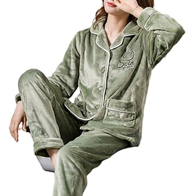 Pijama Mujer Sexy, Invierno Cálido Pjs Conjunto Elegante Carta Bordado Rebeca Camisón Verde Cómodo Conjunto De Pijamas De Lana Esponjosa Mujeres Ropa 
