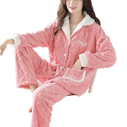Pijama Mujer, Conjunto De Pijamas De Lana Esponjosa para Mujer, Elegante, Bordado, Cárdigan, Camisón, Rosa, Cómodo, Cálido, Invierno, Pjs, Conjunto De precio