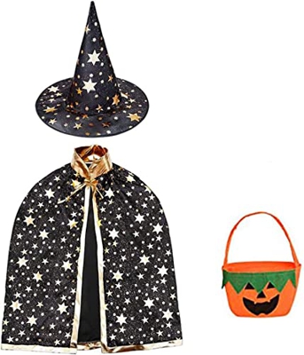 Halloween disfraz niño mago capa, Disfraz bruja bebe unisex(2 -13años)con Sombrero de mago con Bolsa caramelos, Infantil de Cosplay Fiesta espectáculo