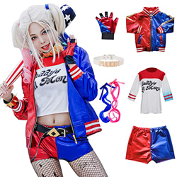Disfraz de Quinn para Niñas Cosplay Suicide Escuadrón Set - chaqueta, camiseta, pantalones cortos, guantes, bate inflable, para Halloween, Fiesta, Car precio