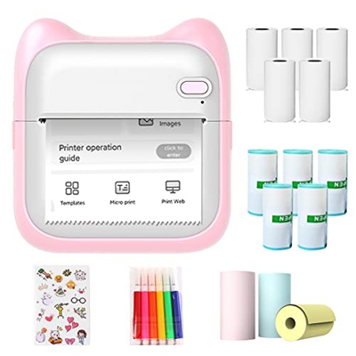 Mini Impresora, Impresora fotográfica para Smartphone, con 5 Rollos de Papel de impresión, 5 Rollos de Pegatinas, lápices de Colores, 3 Rollos de Pape