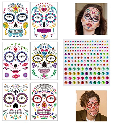 Anguxer Halloween tatuajes temporales de cara, Tatuaje Temporal de Halloween esqueleto cráneo cara completa tatuajes de maquillaje para mujeres Hombre