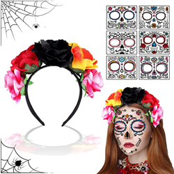 BARVERE Diadema del Día de Muertos, Con y 6 Tatuajes Faciales, Accesorio para Disfraz Catrina Mujer Niña, Velo del Día de los Muertos, Accesorio para  precio