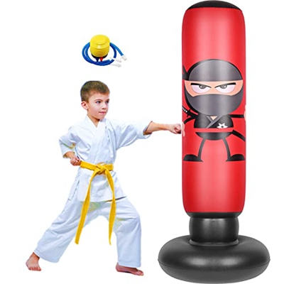 FOYOCER Saco de Boxeo Hinchable de Niños Saco de Arena Inflable de Pie para Practicar Karate MMA Bolsa de Boxeo Fitness para Nniños 61” (Ninja Rojo)