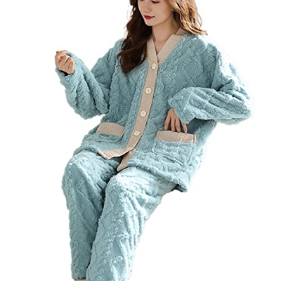 Pijama Mujer Verano, Pijamas De Lana Esponjosa para Mujer Novedad Jacquard Cardigan Pijamas Azul Claro Cómodo Cálido Camisón De Invierno para Mujer Co