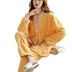 Pijama Mujer, Pijamas De Lana Esponjosa Mujer Novedad Jacquard Cardigan Pijamas Amarillo Cómodo Cálido Camisón De Invierno para Mujer Conjuntos De Rop en oferta