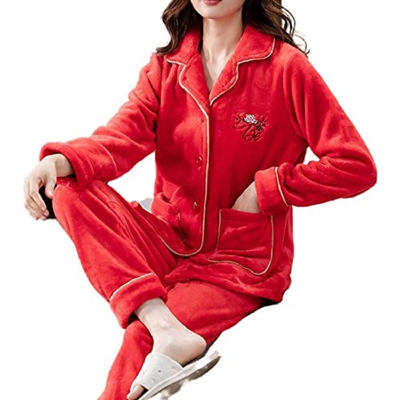 Pijama Mujer, Conjunto De Pijamas Cálidos De Invierno Elegante Bordado De Flores Cárdigan Camisón Rojo Cómodo Pijama De Lana Esponjosa Conjunto De Rop