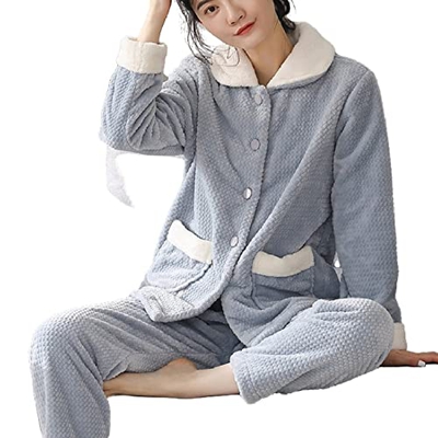 Pijama Mujer, Conjunto De Pijamas De Lana Esponjosa Y Elegante para Mujer, Cárdigan De Color Sólido, Camisón, Azul, Cómodo, Cálido, Conjunto De Pijama