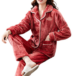 Pijama Mujer, Invierno Cálido Conjunto De Pjs Elegante Bordado Rebeca Camisón Marrón Oscuro Cómodo Conjunto De Pijamas De Lana Esponjosa Conjunto De R características