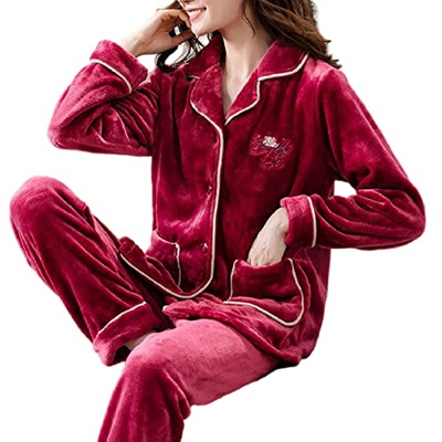 Pijama Mujer Verano, Invierno Cálido Pjs Conjunto Elegante Flor Bordado Rebeca Camisón Borgoña Rojo Cómodo Conjunto De Pijamas De Lana Esponjosa Mujer