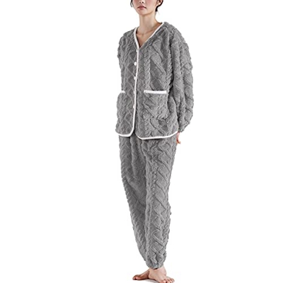 Pijama Mujer Verano, Pijamas De Lana Esponjosa para Mujer, Novedad, Pijamas De Jacquard De Rayas Grises, Camisón De Algodón Cálido para Invierno, Conj