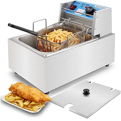 Mingchu Freidora eléctrica de Acero Inoxidable Freidora de Grasa de un Solo Tanque 10L, con Tanque de Aceite extraíble, cestas y limitador de Temperat