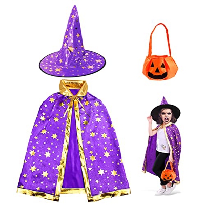 otutun Disfraz de Halloween para niños, capa de mago, bolsa de caramelos de calabaza, capa de bruja con accesorios para disfraces de disfraces, carnav
