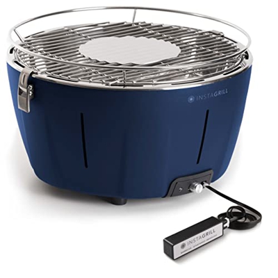 Barbacoa de mesa sin humo de carbón con batería recargable incluida. Diámetro 34 cm. Se enciende en 5 minutos (azul océano)