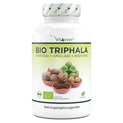 Triphala orgánico - 365 cápsulas - Altamente dosificado con 750mg por cápsula - Triphala genuino de la India - Sin aditivos indeseables - Vegano