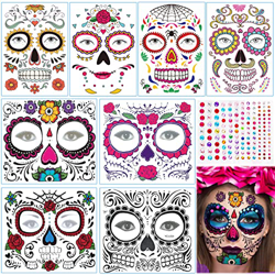Tatuaje Cara Temporales Halloween, 8Pegatinas de Maquillaje Facial+1Etiqueta Engomada de la Gema, Face Tattoo Skull Stickers para Day of The Dead Make precio