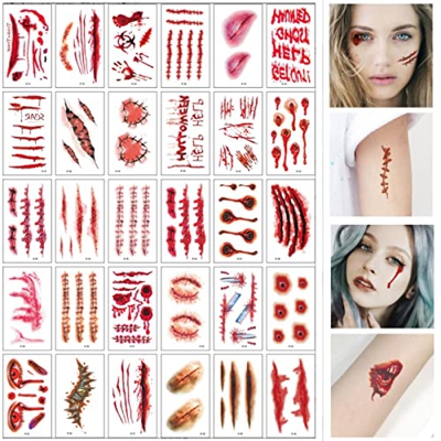 Tuofang 30 Hojas Tatuajes Temporales de Cicatriz Sangrienta de Halloween, Halloween Cicatrices Heridas Tatuajes, Decoración de Cosplay de Zombis y Peg