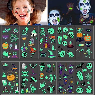 Tatuajes de Halloween, 10 hojas que brillan en la oscuridad, tatuajes para niños adultos, calabaza, murciélagos, bruja, esqueleto, fantasma, tatuajes 