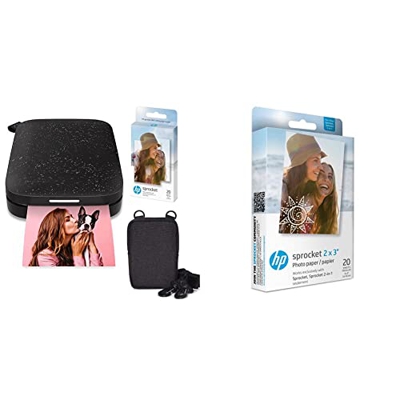 HP Sprocket Impresora fotográfica instantánea portátil de 2 x 3 Pulgadas (Negro) & Sprocket Papel fotográfico Adhesivo Premium de Zink de 5 x 7.6 cm (