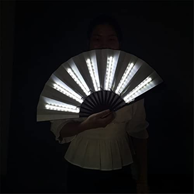 Hand Rave Fan Led Luminous Folding Fan Bamboo Frame Water Resistant Silk Cloth Fabric Six Color Options Colorful Fluorescence Fan for Party (White)