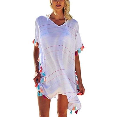 TBSCWYF Mujer Vestido de Playa Borla de Gasa Mujer Ropa de Baño Suelto Vestido de Playa Cubrir Blusa Camisolas y Pareos Bikini Cover up