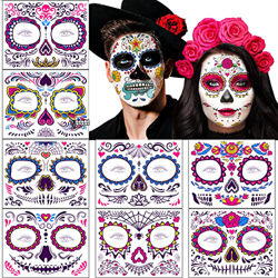 8 hojas Halloween Tatuajes Temporales de Cara, Halloween Fluorescencia Mascarade Dia de los Muertos esqueleto Craneo Cara Complete Tatuajes de maquill precio