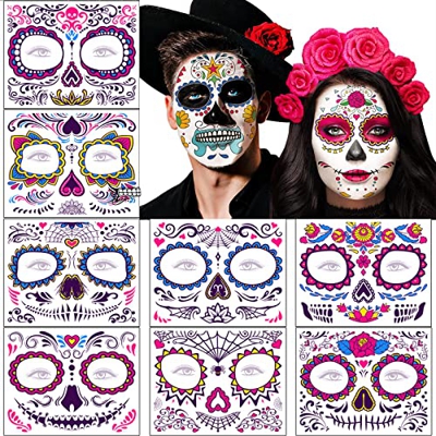8 hojas Halloween Tatuajes Temporales de Cara, Halloween Fluorescencia Mascarade Dia de los Muertos esqueleto Craneo Cara Complete Tatuajes de maquill