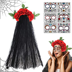 BARVERE Diadema del Día de Muertos, Con y 6 Tatuajes Faciales, Accesorio para Disfraz Catrina Mujer Niña, Velo del Día de los Muertos, Accesorio para  en oferta